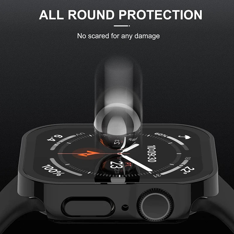 Glass+Case For Apple Watch 7 8 45mm 41mm 49mm 44mm 40mm straight edge Screen Protector Cover Case iWatch 5 SE 6 7 8 9 Ultra 49mm