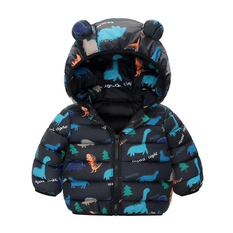 1-5 Years Baby Boy Hooded Lightweight Down Jacket Kids Girl Cartoon Dinosaur Zipper Coats Autumn Winter Warm Christmas Outerwear