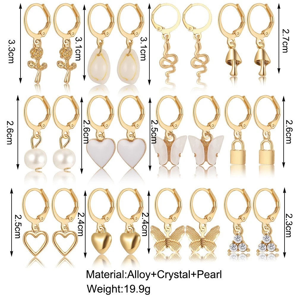 18 Pairs Of Lady Earrings Snake Butterfly Mushroom Lock Diamond-encrusted Zircon Pearl Love Earring Set