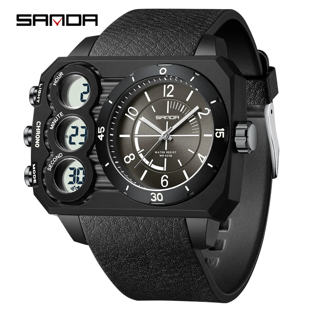 SANDA Men Watch Square Big Dial Waterproof Double Display Wristwatch Man Chronograph Digital Clock Men's Military Quartz Watches