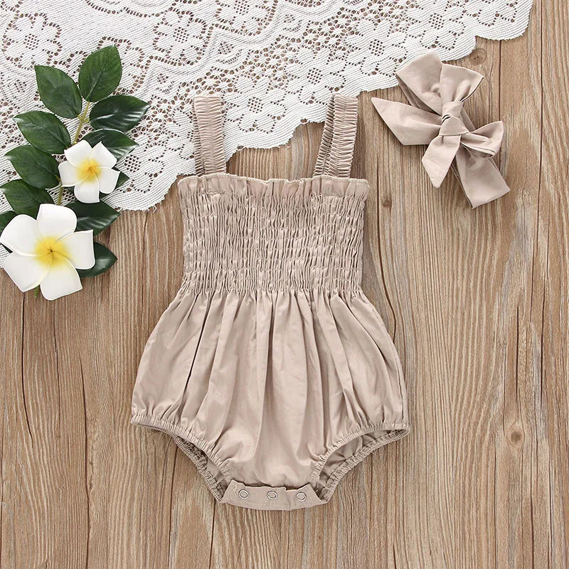 Baby's Clothes Summer Jumpsuit Outfit Solid Color Ruched Toddler Girl Casual Sleeveless Suspender Kids Rompers Headband Set