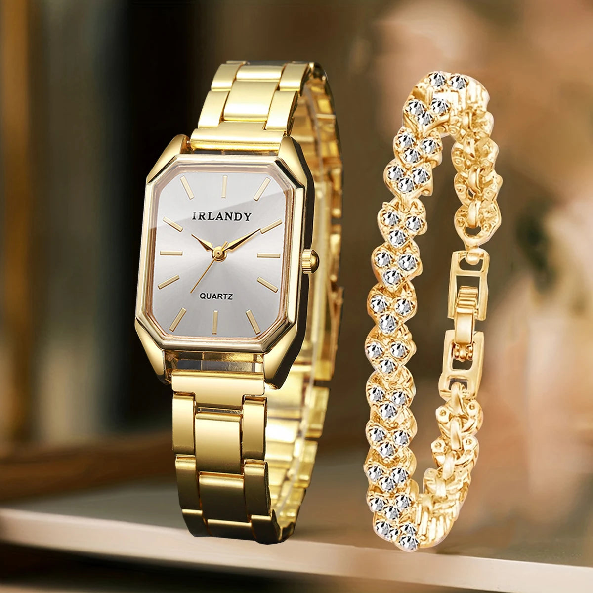 2PCS Fashion Rectangle Women Quartz Watch Rhinestone Bracelet Set Elegant Ladies Wristwatches Relogio Feminino（Without Box）