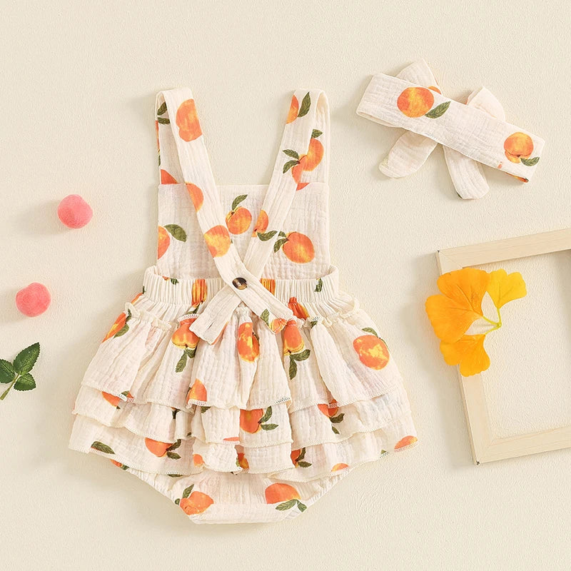 2024-05-08 Lioraitiin Summer Baby Girls Romper Peach Print Sleeveless Square Neck Side Tiered Ruffled Jumpsuit with Bow Headband