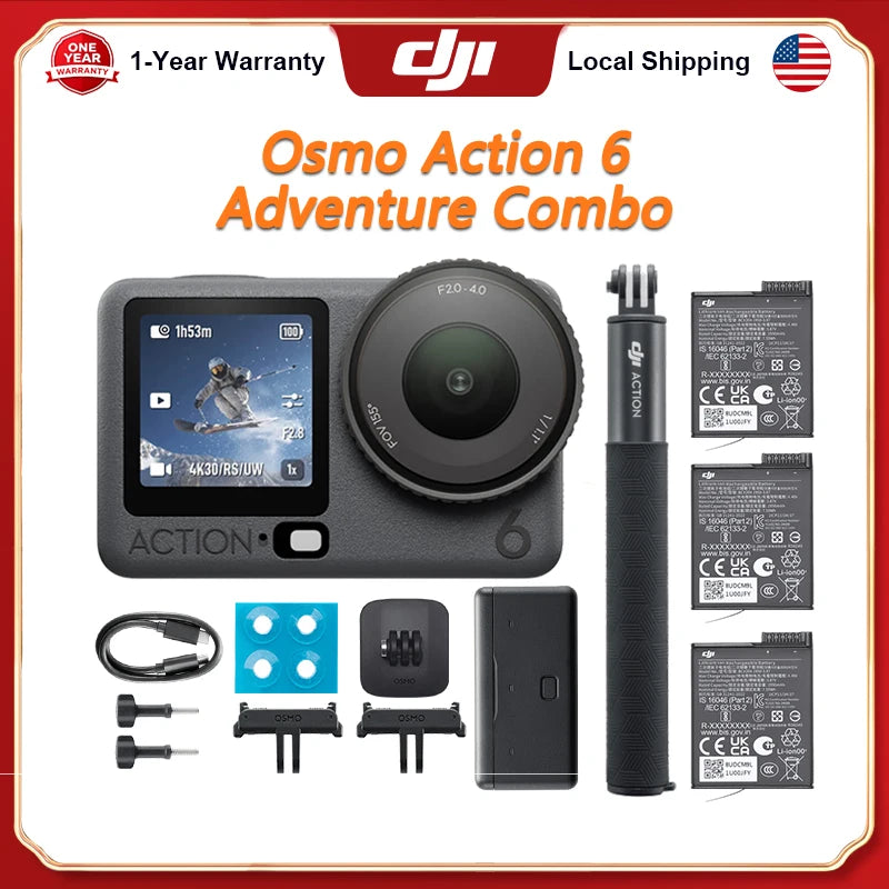 DJI Osmo Action 6 Standard Combo All-In-One Flagship Action Camera 8K Waterproof Action Camera with 1/1.1" Square Sensor Variable Aperture of f/2.0–f/4.0 Rocksteady 3.0 Cold-Resistant 4hrs Battery Built-in 50GB Storage Vlog