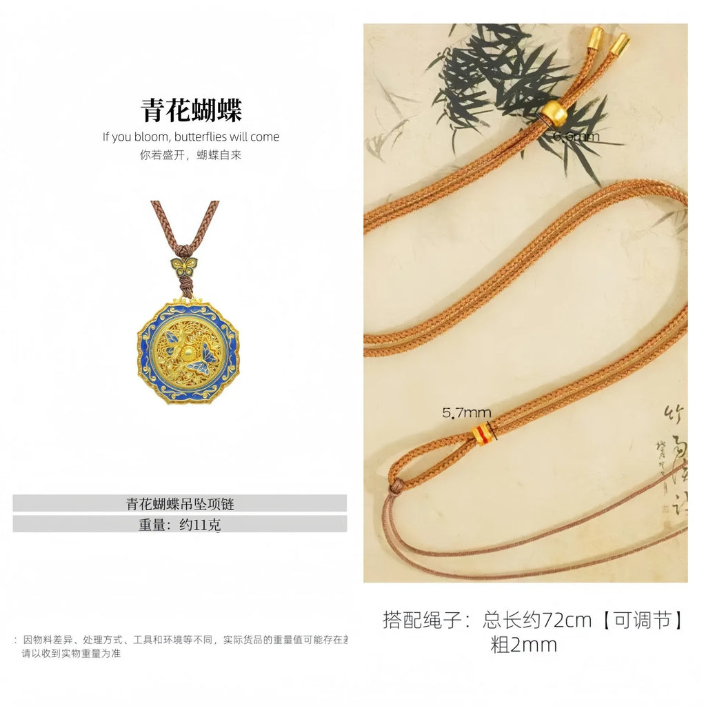 Luxury 9999 24K Solid gold certifid butterfly gold wire carved enamel diamond butterfly necklace women's gold clavicle chain