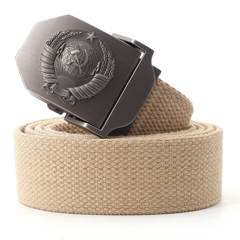 Mens Canvas Outdoor Tactical Army Belt 3D Soviet National Emblem Metal Buckle Unisex Jeans Belt for Men Military Training Belts
