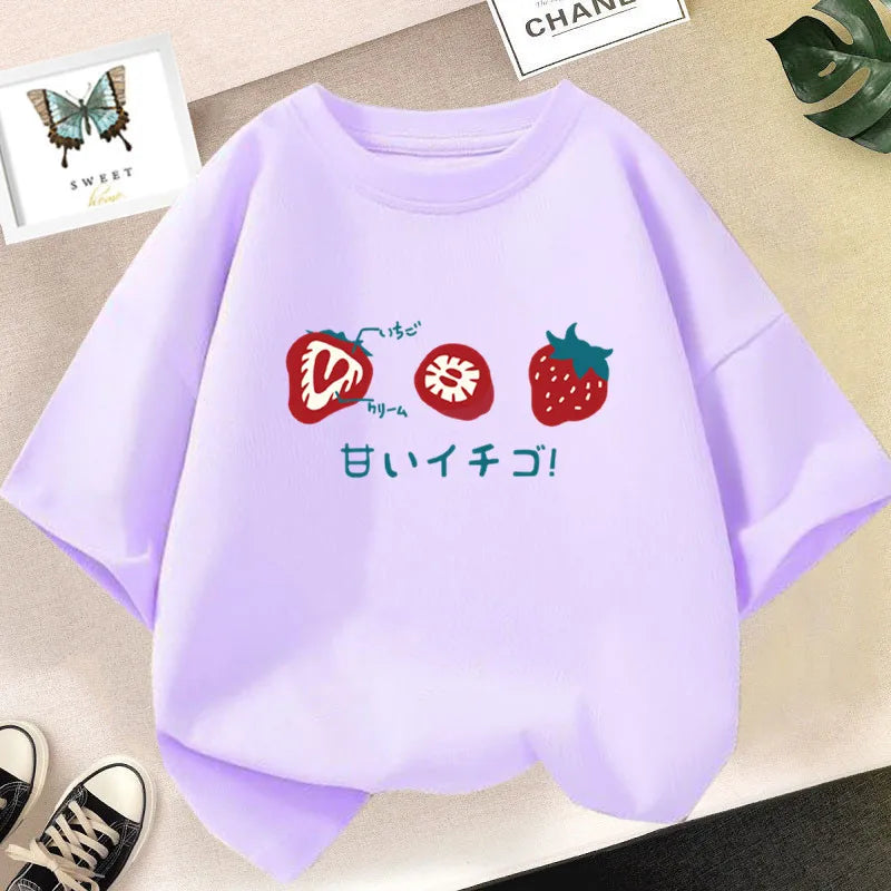 Strawberry Juice Graphic Print T-shirt Girls Aesthetic Pink Tops Tee 2023 Summer New Fashion Kids T Shirt