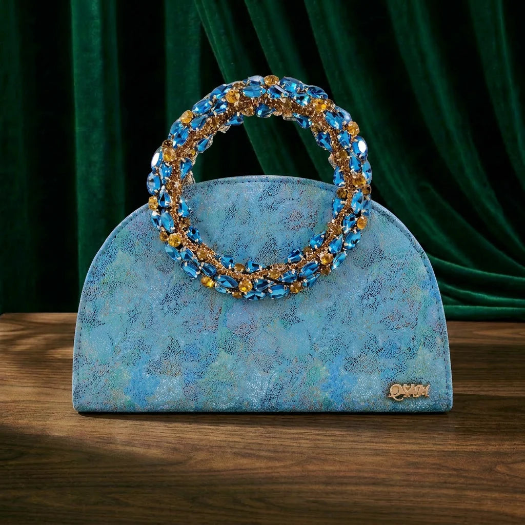 Shimmery Glitter Slingback Women High Heels Sky Blue Shoes and Matching Bag Set Rhinestone Wedding Party Banquet Events