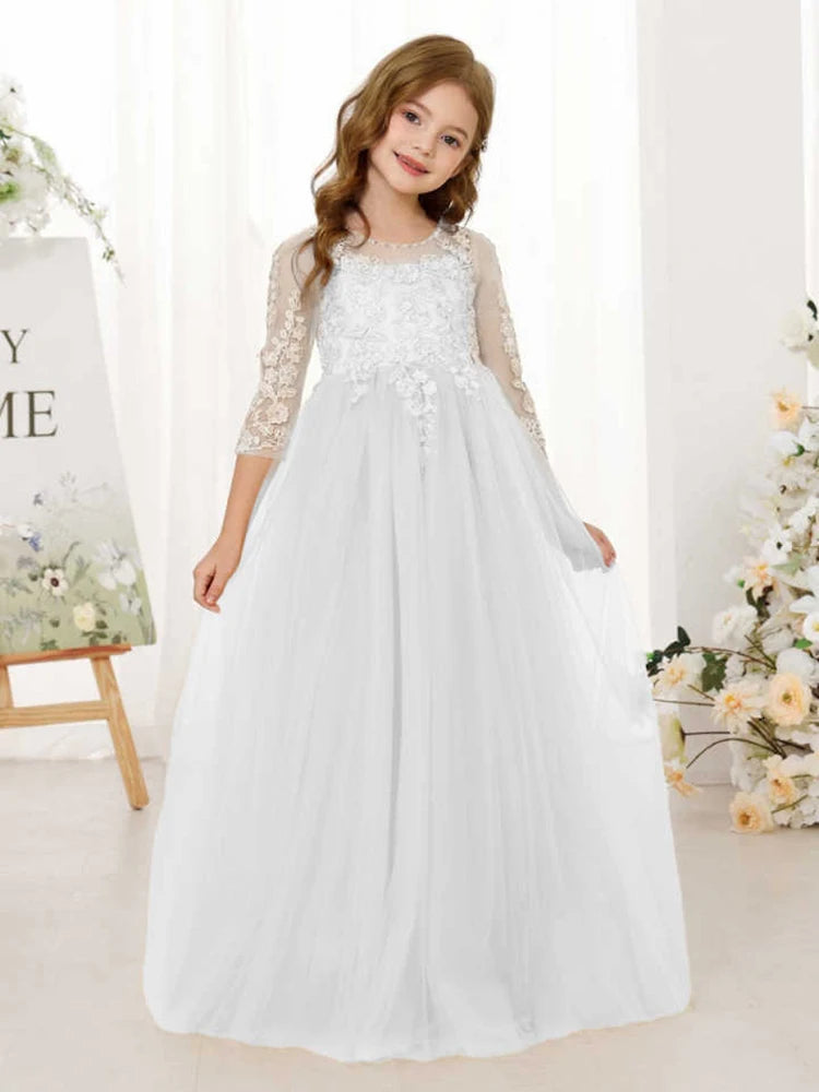 Lace Floral Appliques Flower Girl Dress 3/4 Sleeve Girls Pageant Tulle Ball Gown