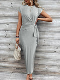 Summer New Long Dress Elegant Waist Strap Fashionable Striped Print Round Neck Short Sleeved High-end Women's Dress