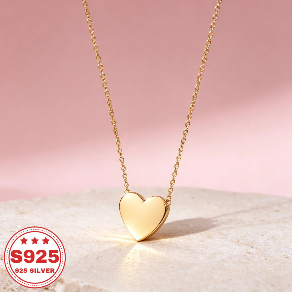 Solid Heart Pendant Necklace, 18K Plated S925 Sterling Silver, Dainty Rolo Chain, Women Minimalist Jewelry, Daily Wear, Anniversary Birthday Holiday Gift, Buy Three Get One Free