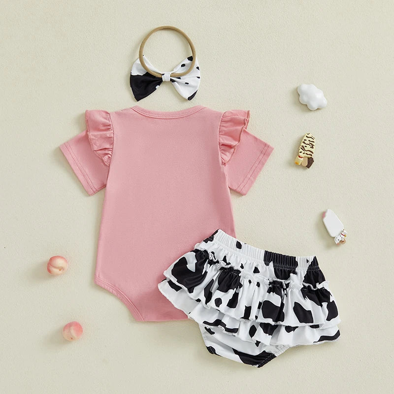 Pudcoco Infant Baby Girl Western Outfits Letter Short Sleeve Romper + Cow Print Tiered Ruffled Shorts + Bow Headband Set 0-18M