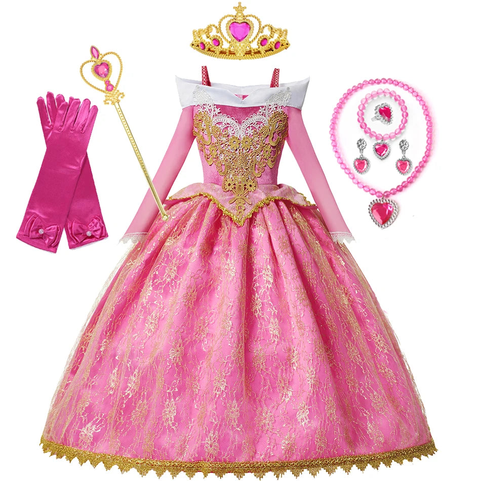 Sleeping Beauty Aurora Pink Gown Long Sleeve Princess Costume for Girls Carnival Birthday Party Cosplay Evening Dress 2-8Y