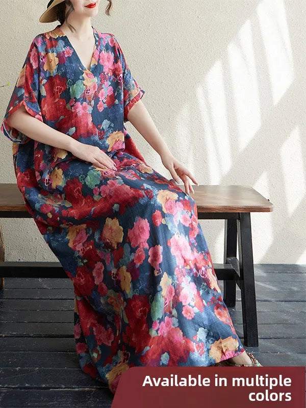 V-Neck Loose Cotton Linen Beach Skirt Summer Casual Long Dress Cover up Retro Style Holiday Fashion plus Size Women's Dress