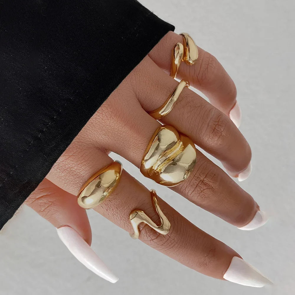15Pcs/Set Stainless Steel Irregular Lines Water Drop Rings for Women Men Exaggerated Punk Retro Boho Fashion Jewelry Gifts