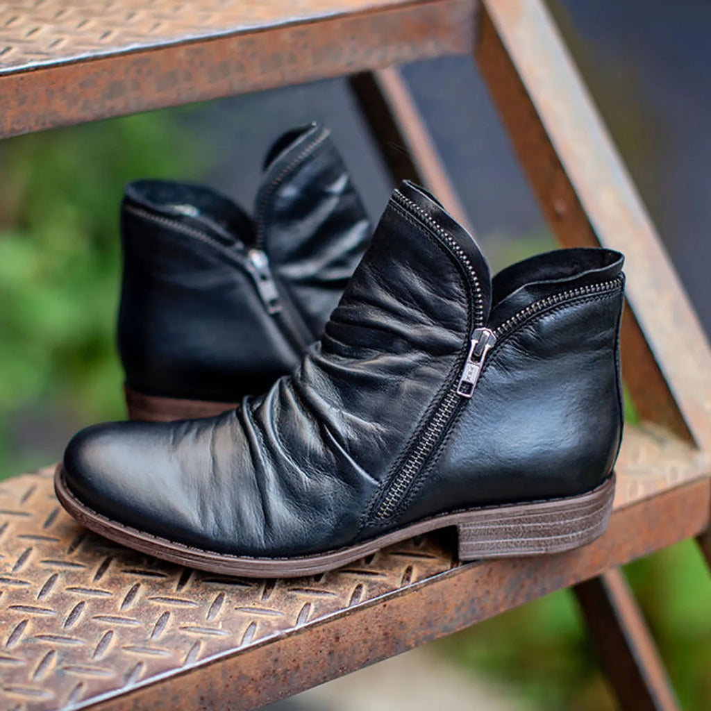 Women Boots Leather Ankle Boots Flat Shoes Autumn Winter Snow Boots Platform Zipper Up Punk Boots Square Heel Ladies Shoes