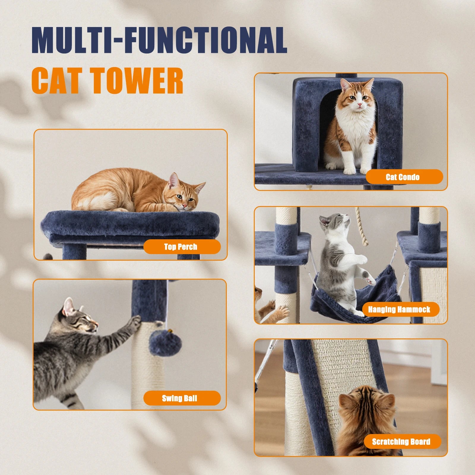 JHK 63In Cat Tree Tall Multi-Cat Climbing Tower for Pet Furniture Natural Sisal Scratching Posts Stable Pet House for Indoor Cat