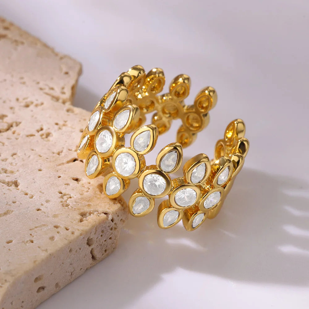 White Zircon Geometric Stainless Steel Rings For Women Gold Color Adjustable Wedding Aesthetic Ring Jewelry Gift Accessories