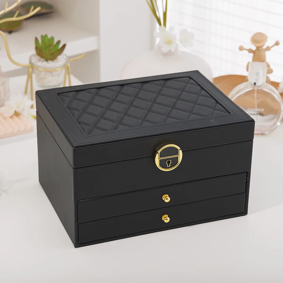 1PC, Rhomboid Round Lock Three-Layer Leather Jewelry Storage Box with Lock