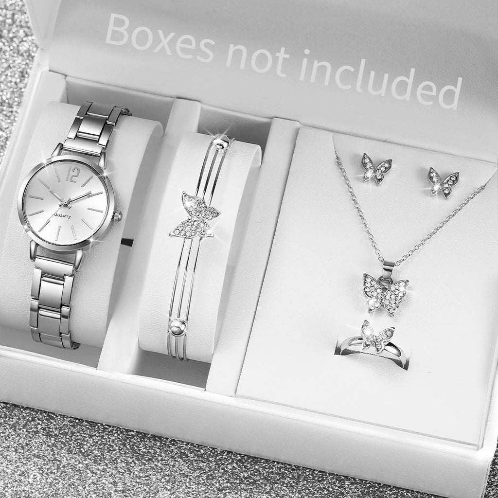 6PCS/Set Fashion Women's Quartz Watch Stainless Steel Band Wrist Watches Diamond Jewelry Set(Without Box)
