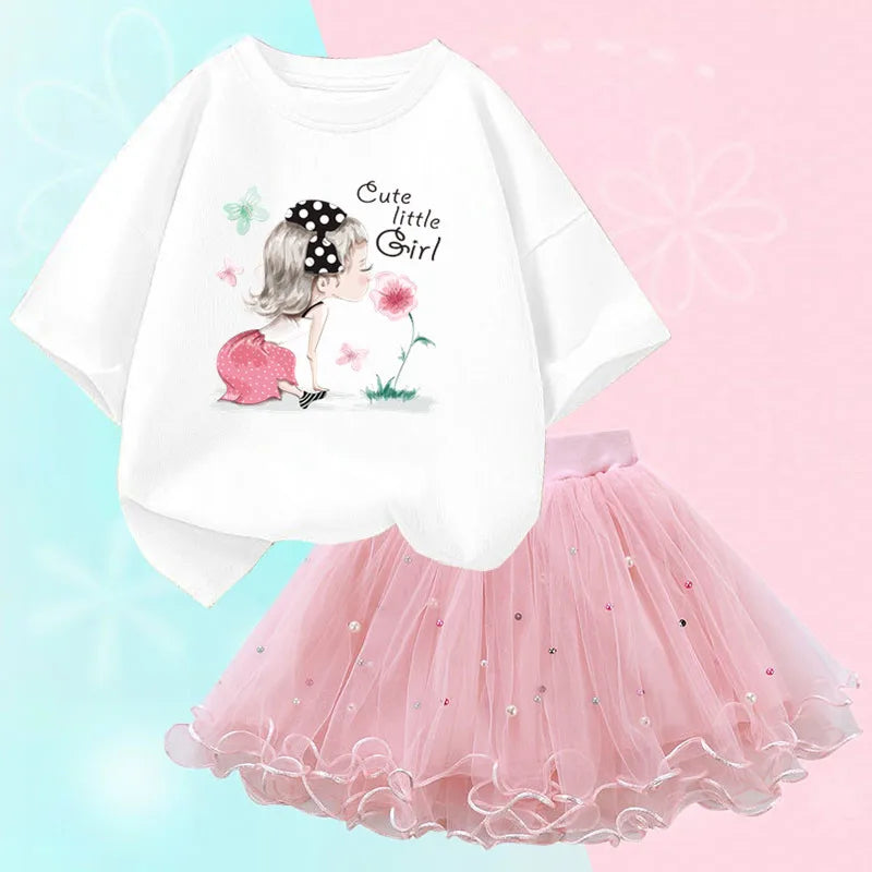 Fashion Summer Girls Outfits Pretty Ballet Dance Girl T-shirt and Tutu Skirt Set for Princess Clothes Suit Children Clothing