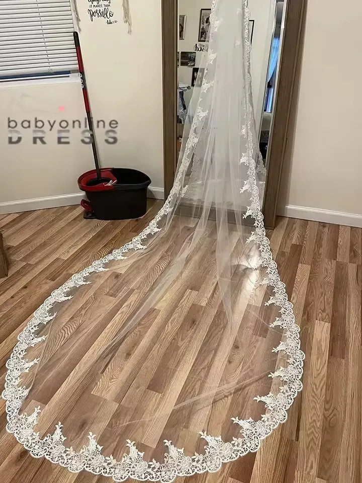 Wedding Veil Lace Edge Long Luxurious Bridal Veil White/Ivory Veil With Comb Tulle Cathedral One-layer 3 Meters Bride Accessorie
