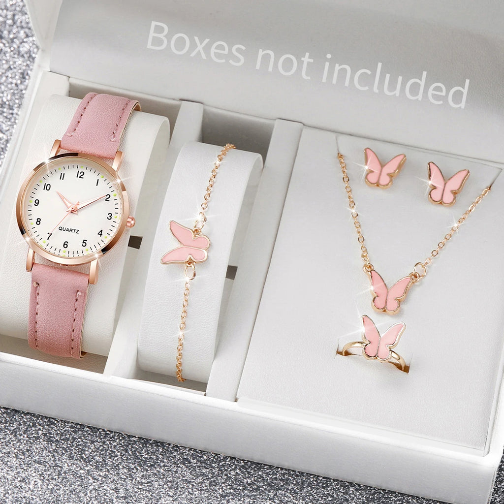 6PCS Women's Watch Fashion Arabic Dial Leather Band Quartz Watches Butterfly Jewelry Set（Without Box）