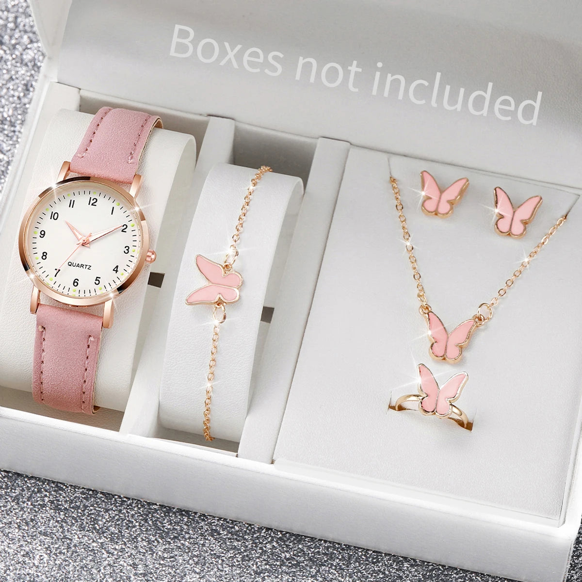 6PCS Women's Watch Fashion Arabic Dial Leather Band Quartz Watches Butterfly Jewelry Set（Without Box）