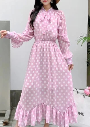 Retro Elegant Pleated Puff Sleeves dot sweet Dress Beach Vacation Casual Women A-LINE chiffon Fashion Summer basics Dresses