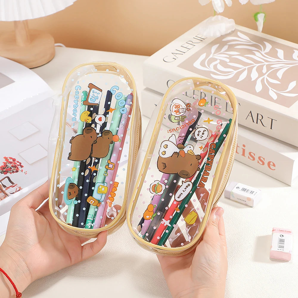 Cartoon Capybara Pencil Case Transparent Waterproof Zipper Pen Pouch Large Capacity Stationary Organizer Bag School Supplies