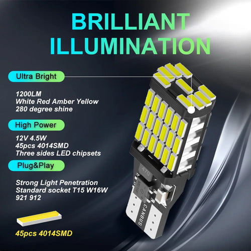 2pcs T15 4014 45chips W16W 921 912 LED Backup Light Reserve Lamp Canbus Bulbs High Power LED Canbus W16W red amber Yellow