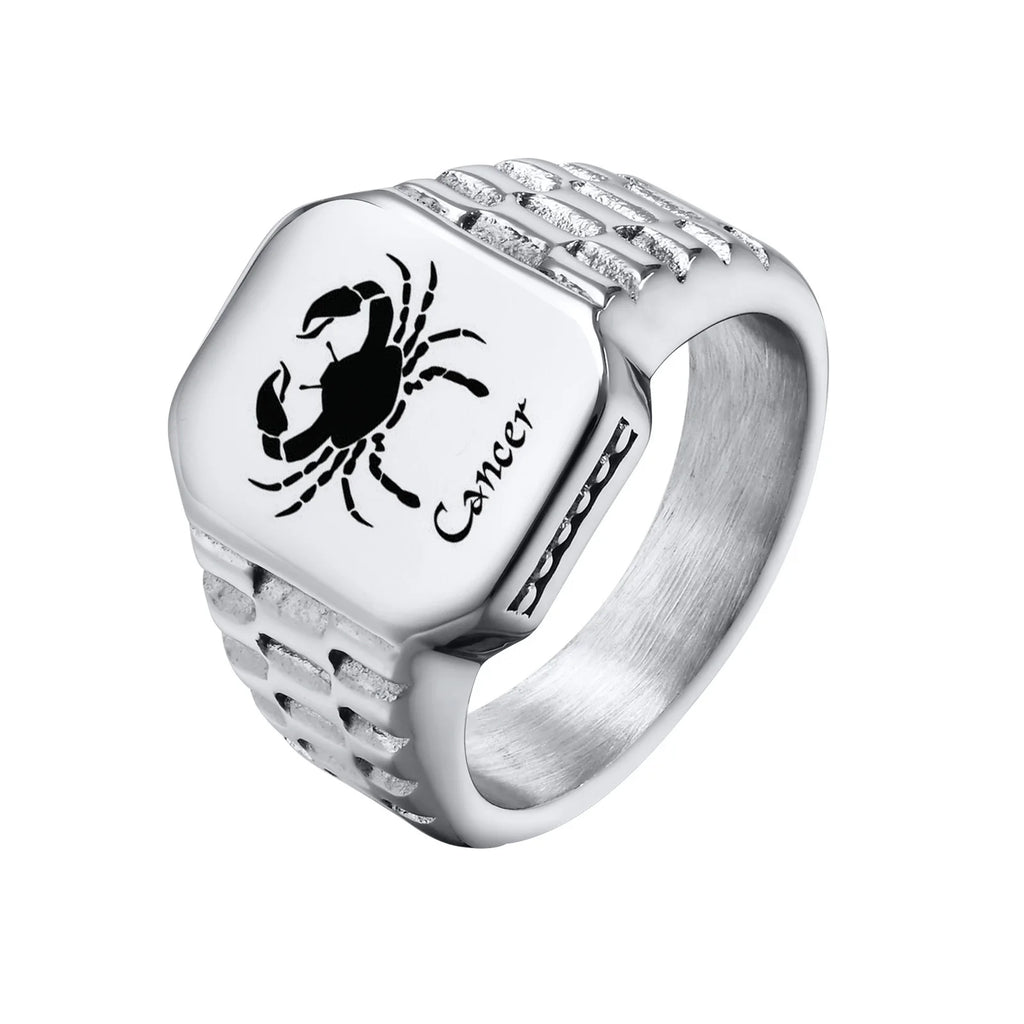 Free Custom 12 Zodiac Signet Rings for Men,Personalized Stainless Steel Finger Birthday Gift to Dad Father Husband Son