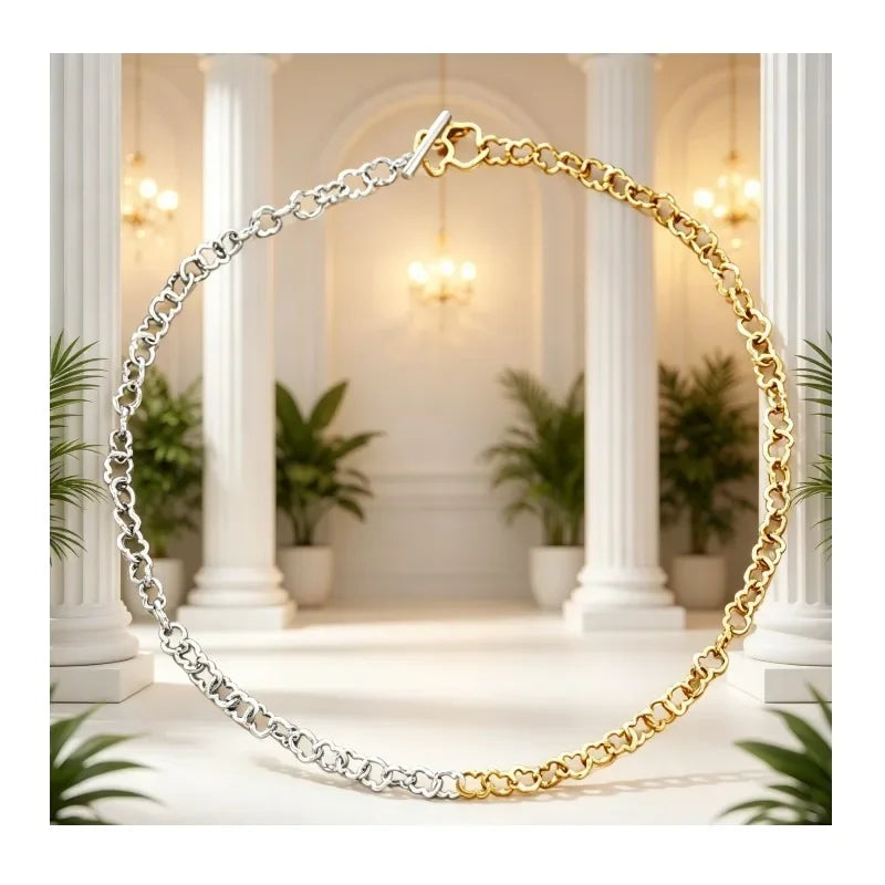 New Two-tone Silver Gold Plated Heart Chain Bracelet for Women, OT Toggle Clasp Fashion Jewelry