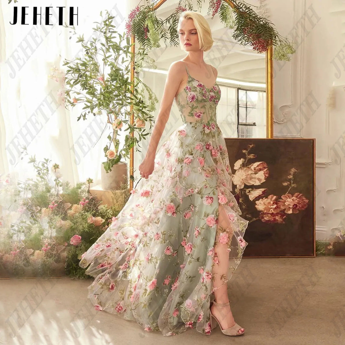 JEHETH 3D Flowers A Line Prom Dresses Sleeveless Corset Evening Party Dress Long Formal Gown Vestidos De Graduación Customized