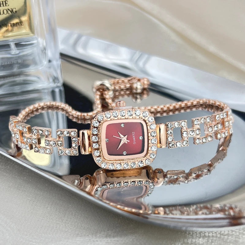 Cross-Border New Small Square Bracelet Pull Women's Watch Free Adjustment Square Chain Diamond Set Small Ladies Quartz Watch