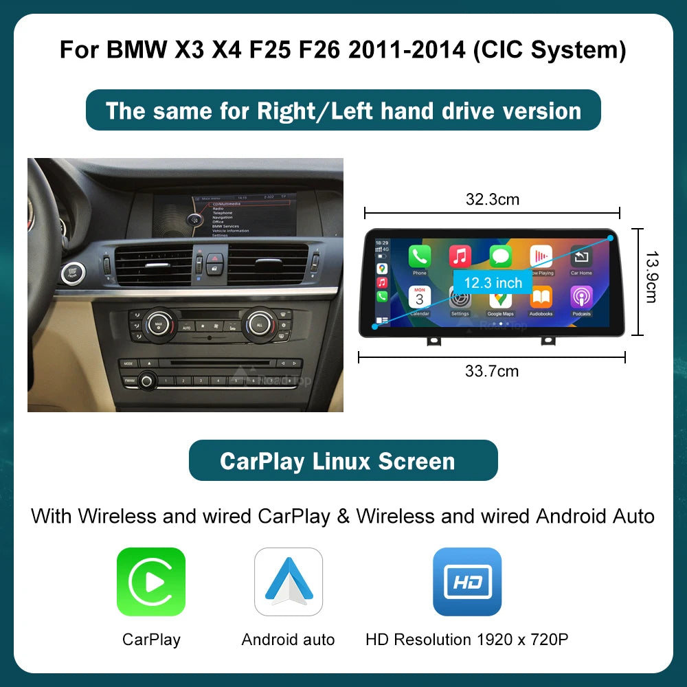 RoadTop 12.3'' Wireless CarPlay Multimedia Linux Touch Screen For BMW X3 F25 X4 F26 2011-2016 CIC NBT Android Auto Link