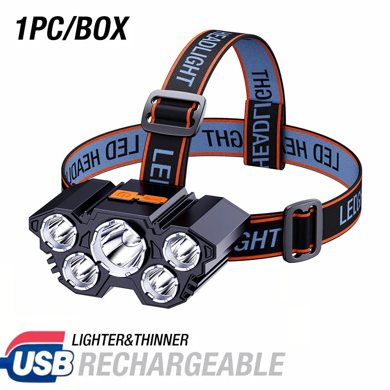5LED Strong Light Headlamp Rechargeable Waterproof Outdoor Fishing Long Range Headlamp