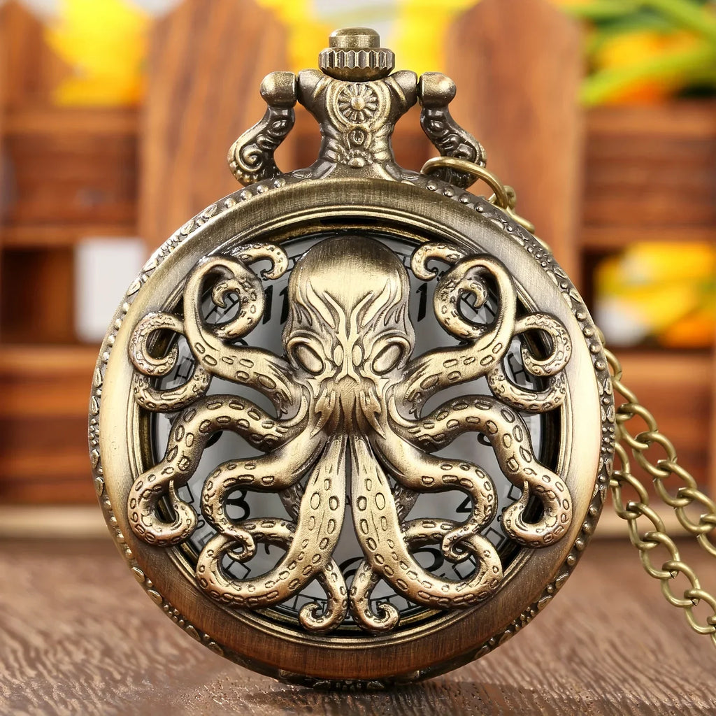 Retro Bronze Octopus Pocket Watch Necklace Vintage Steampunk Quartz Timepiece Gift for Him