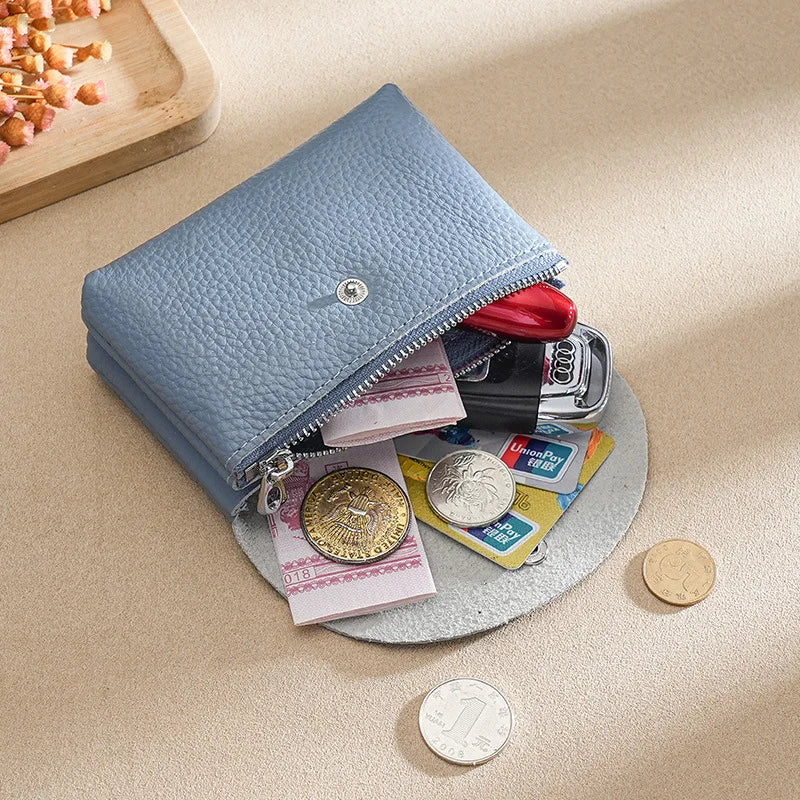 Custom Initials Fashion Women Genuine Leather Short Double Wallet Cute Small Coin Purse Mini Credit Card Holder Key Storage Bag