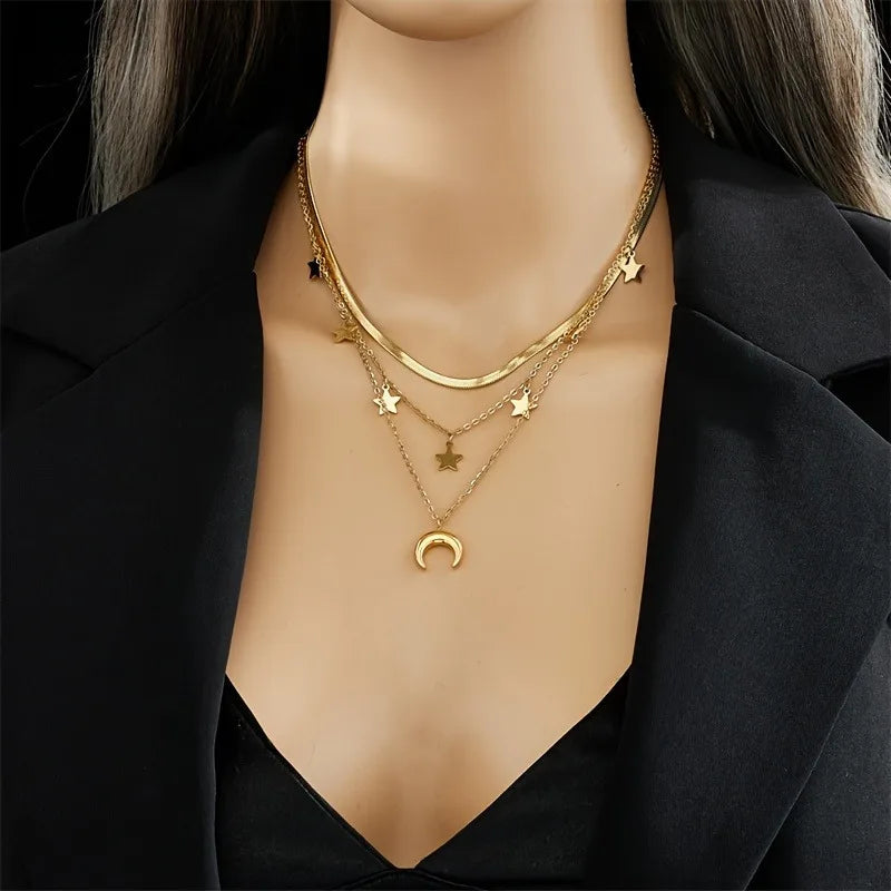 New Fashion Star Moon Pendant Multi-layer Necklace Ladies Personalized Stacking Design Holiday Jewelry Accessories