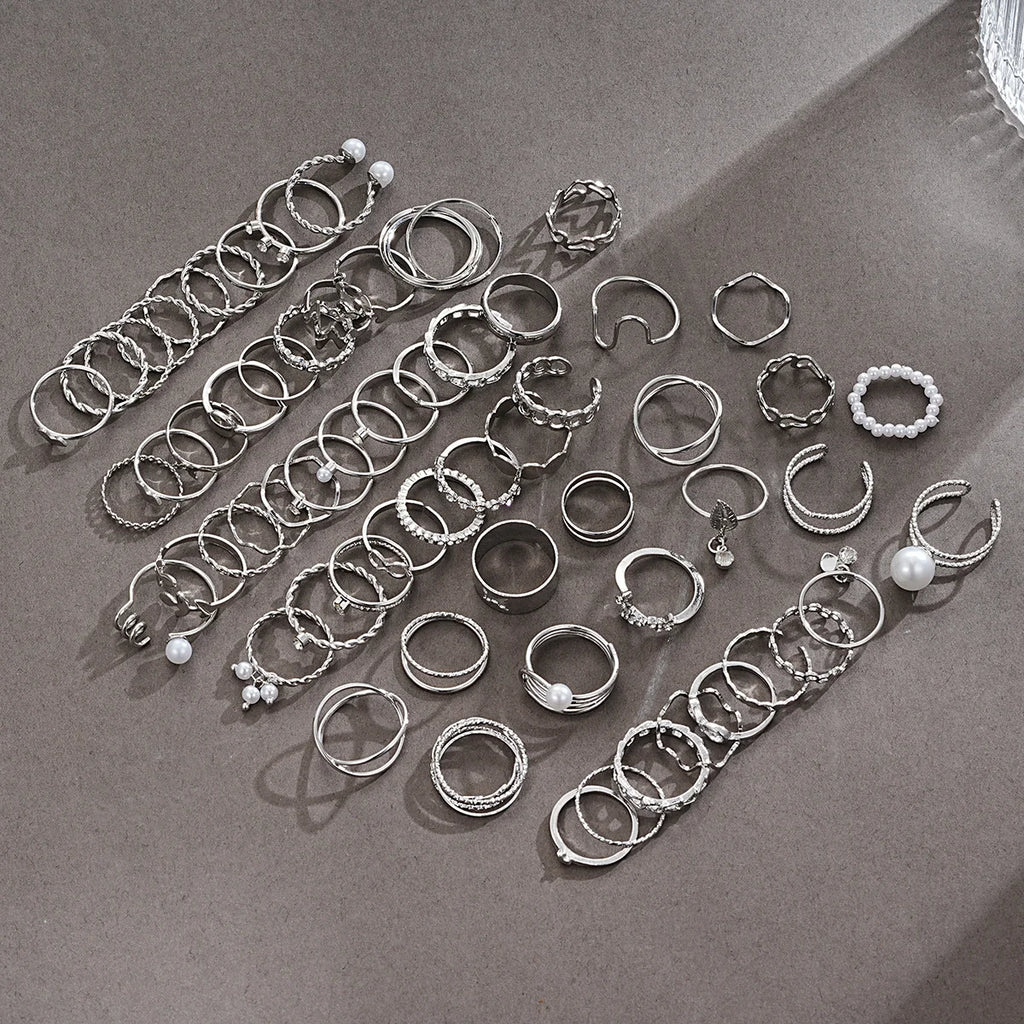 64 Pcs Silver Color Geometric Knuckle Rings Set For Women Heart Cross Leaf Pearl Charm Finger Ring Female Boho Party Jewelry