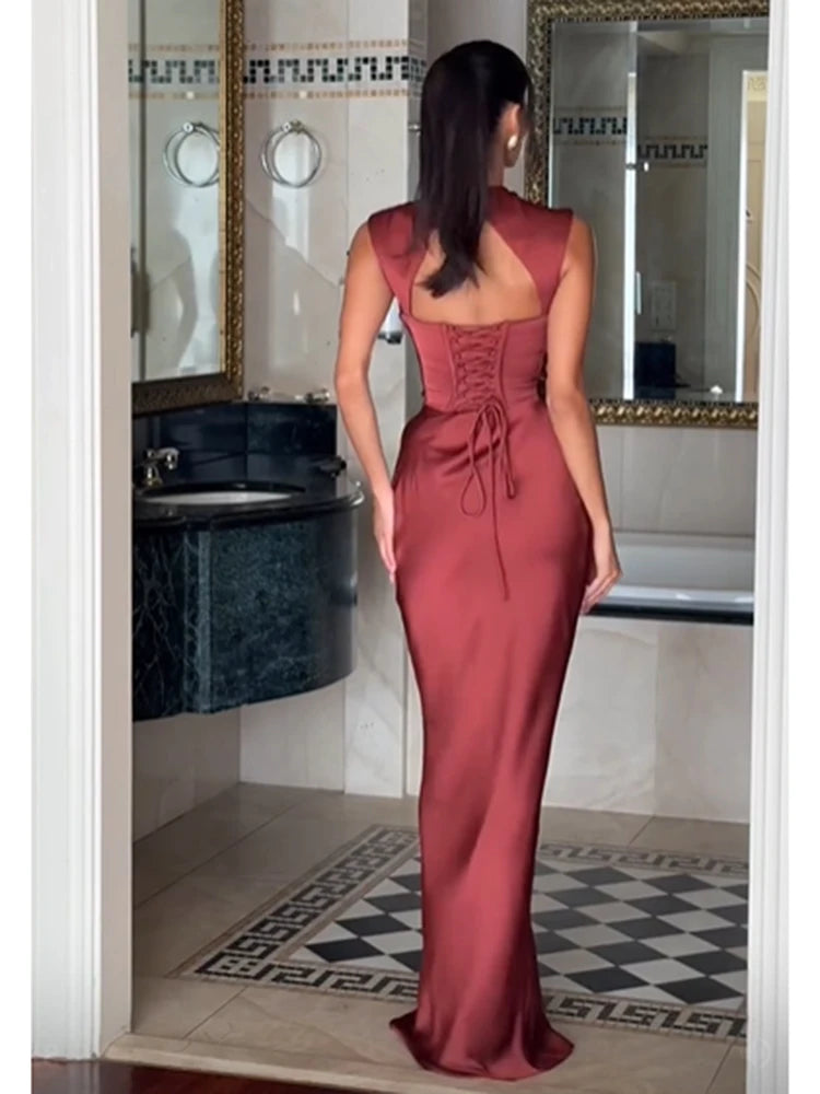 Ruched Waist Satin Long Dress Solid Bodycon Sleeveless Cowl Neck Fishtail Women Dresses 2026 Summer Lady Formal Evening Gowns