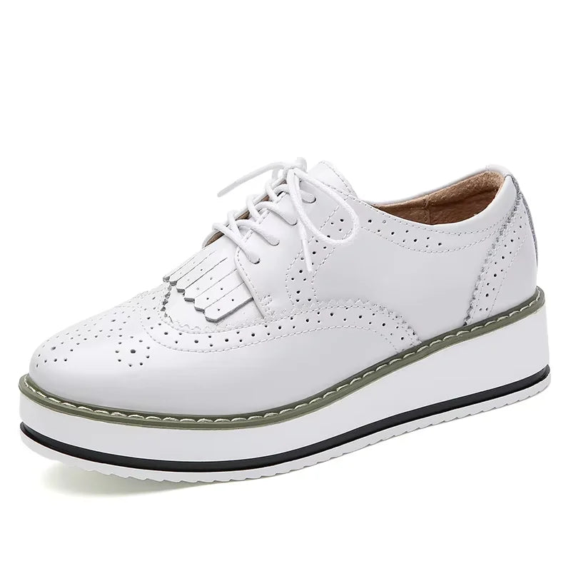 EOFK Spring Autumn Women Derby Platform Flats Brogue Leather Lace up Classic Bullock Footwear Gold Female Oxford Shoes Lady