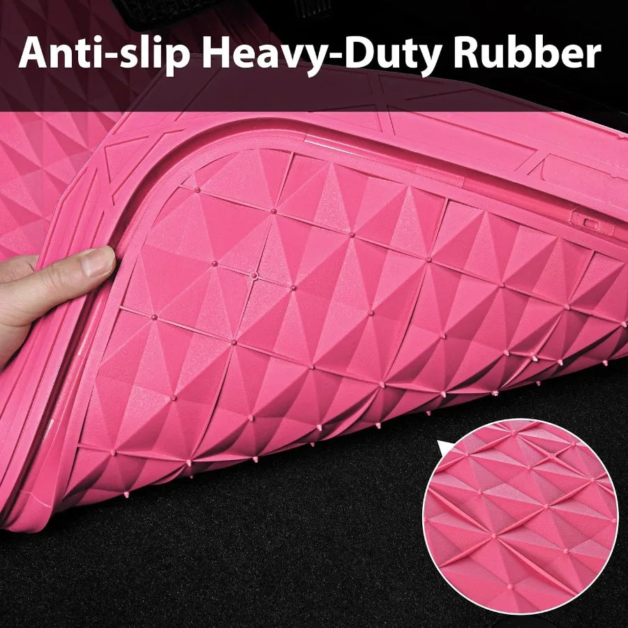 Heavy Duty Rubber Pink Car Floor Mats Deep Dish AllWeather Full Set Durable AntiSlip 3D Rhombus Waterproof Trim to Fit Liner Un