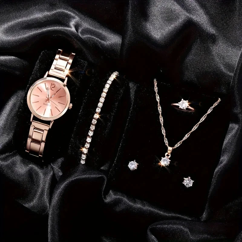 6pcs new luxury ladies' steel strap quartz watch+hot selling gorgeous diamond jewelry set