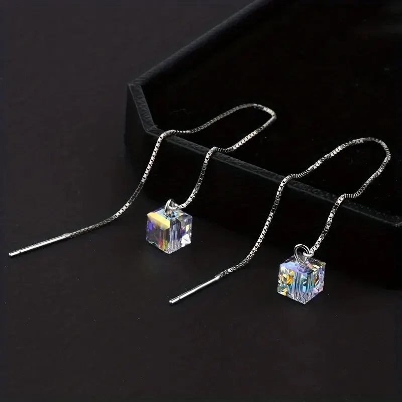 Threader Earrings for Women Hypoallergenic Silver Color Long Dangle Earrings Austria Crystals Drop Earrings