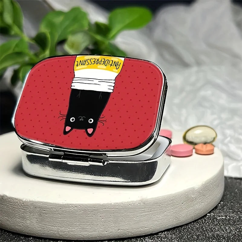 Cute Black Cat Cartoon Pill Box - Compact 2-Compartment Medicine Organizer, Portable for Travel & Purse, Unique Gift Idea