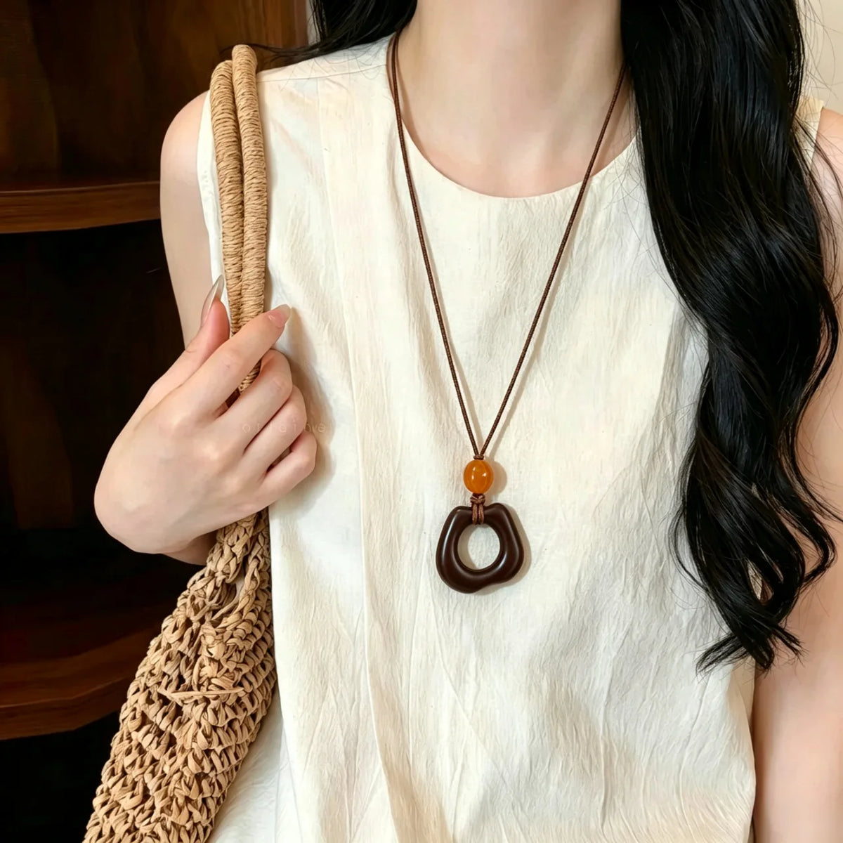 Playful Dopamine Colorful Heart Rice Bead Necklace for Women Trendy Charm Circular Resin Long Pendant Daily Wear Jewelry