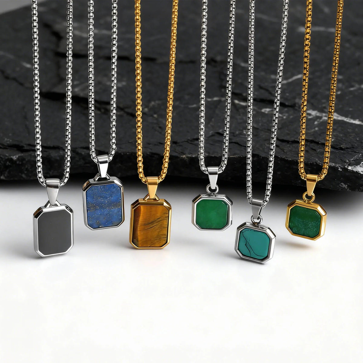 Trendy Pendant Necklaces for Men,Square Natural Stone Stainless Steel Necklaces,Hip Hop Healing Jewelry Gifts for Husband Dad