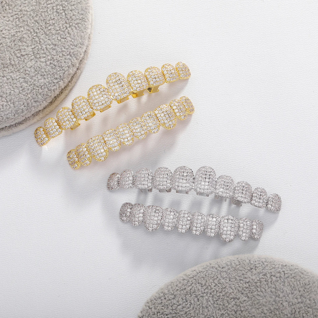 TOPGRILLZ Iced Out 10 Top &10 Bottom 5A CZ Stones Teeth Grillz Punk Rapper 14K Gold Plated Zircon Tooth Caps For Mouth Jewelry